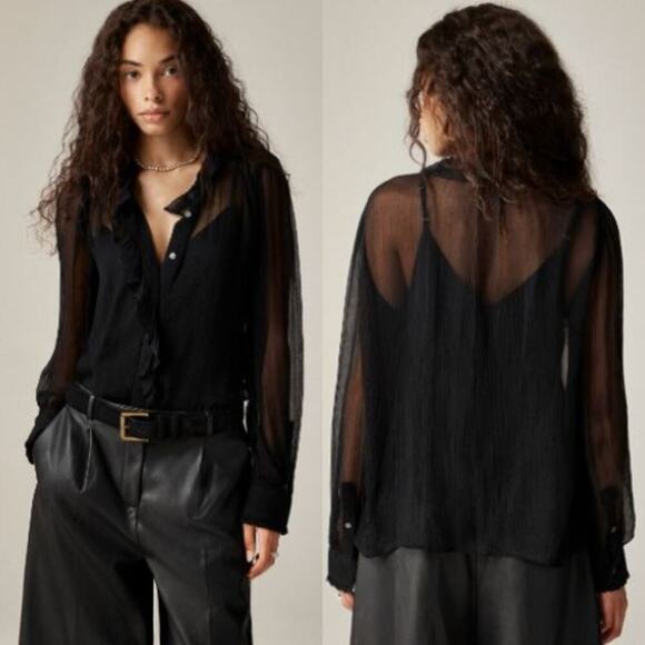 J. Crew Women's Crinkle Chiffon Ruffle Button-Up Shirt CF436 Black Size 12 NWT - Picture 1 of 6